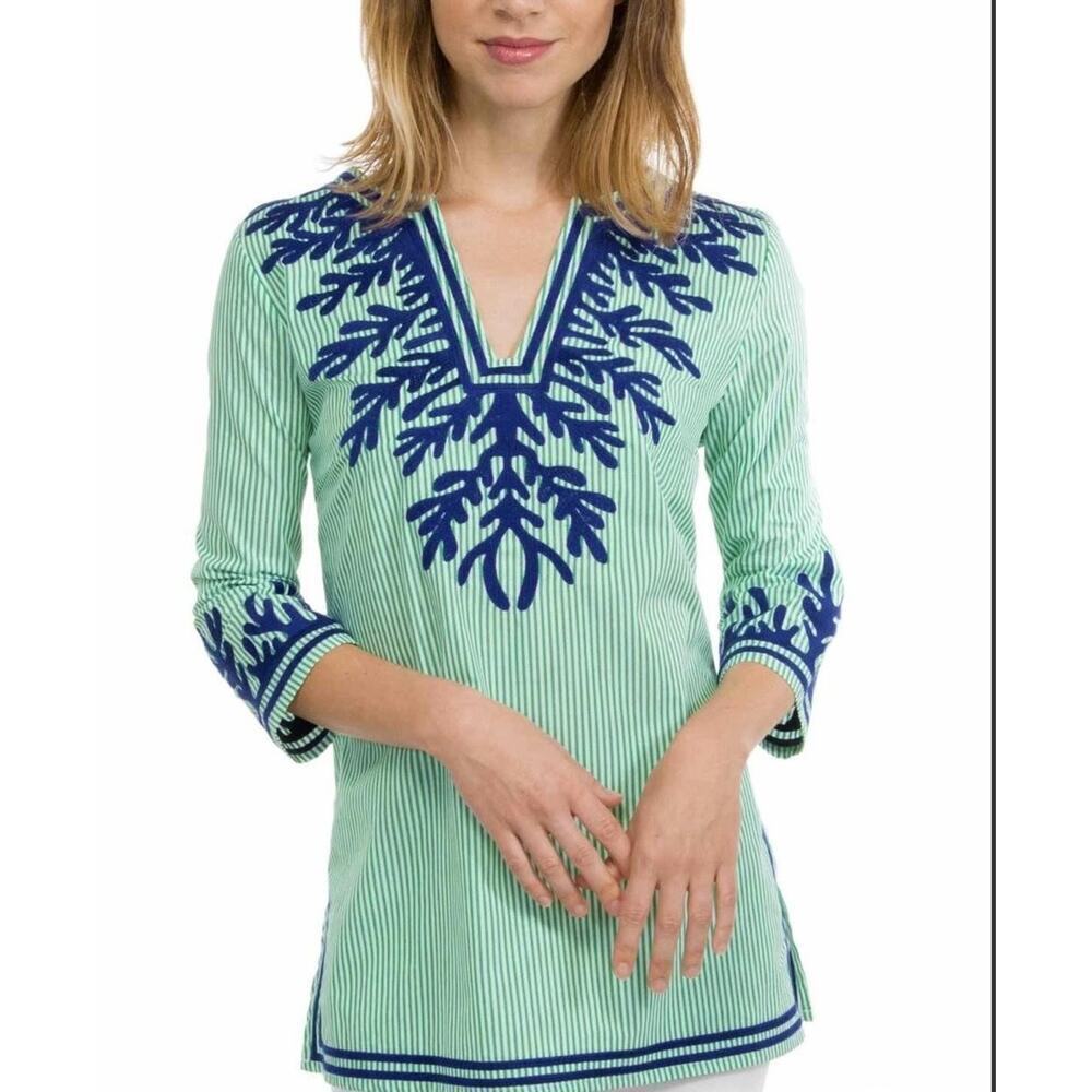 Gretchen Scott Tunic Top Womens Medium Green Pin Stripe Embroidered -The Reef